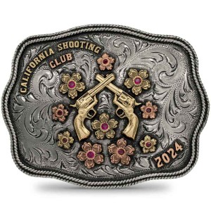 A custom women's belt buckle for shooting club featuring crossed pistols, flowers on a german silver hand engraved base 